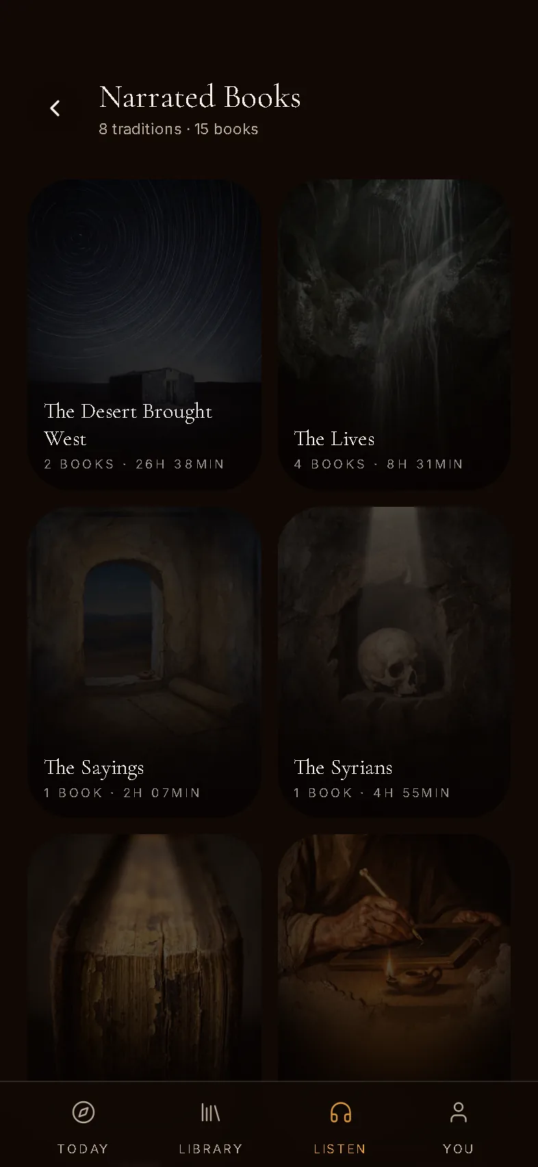 Narrated Books — Grouped by tradition rather than listed alphabetically. 137 hours in eight rooms.