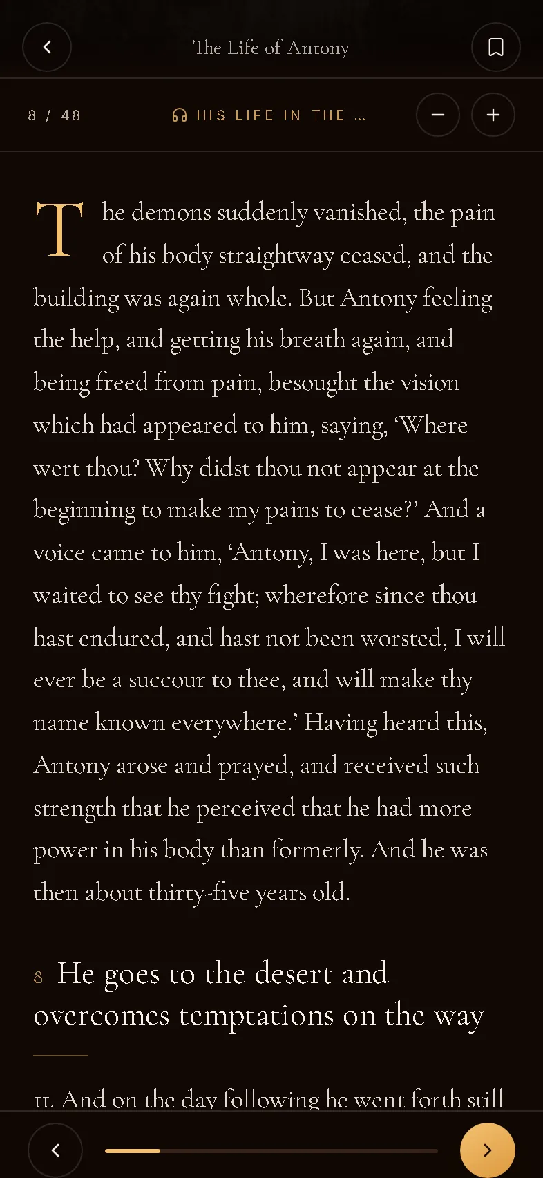 The Reader — Paged, not scrolled. Type sized for a long sitting, lit like a lamp.