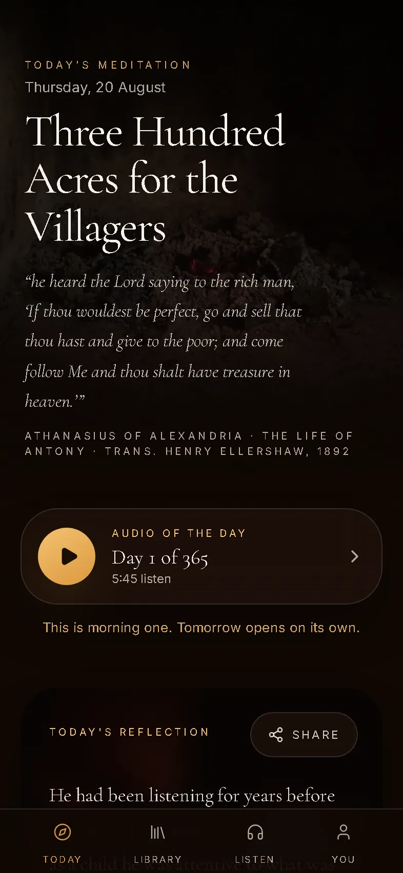 The Today screen of Desert Fathers, showing the morning's passage and its audio